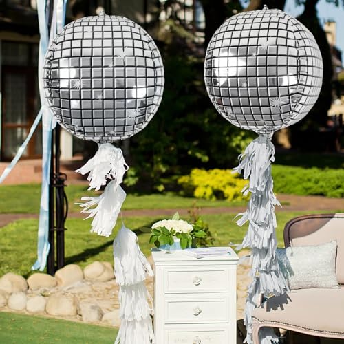 6 Pack Disco Ball Balloons for 70s Disco Party 22 Inch Large 4D Round Metallic Silver Disco Mylar Foil Balloons for Disco Theme Birthday New Year Party Decorations