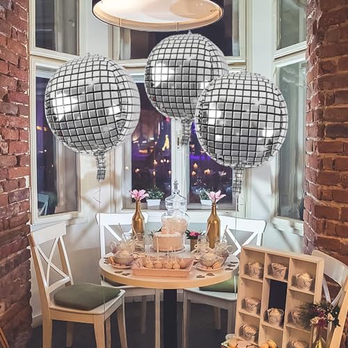 6 Pack Disco Ball Balloons for 70s Disco Party 22 Inch Large 4D Round Metallic Silver Disco Mylar Foil Balloons for Disco Theme Birthday New Year Party Decorations