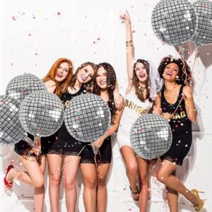 6 Pack Disco Ball Balloons for 70s Disco Party 22 Inch Large 4D Round Metallic Silver Disco Mylar Foil Balloons for Disco Theme Birthday New Year Party Decorations
