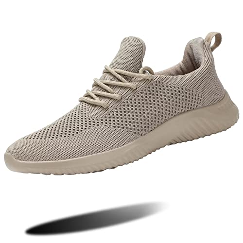 Men's Slip On Running Shoes Fashion Walking Sneakers Mesh Soft Sole Loafers Comfortable & Light-Weight Tennis Work Trainers Khaki