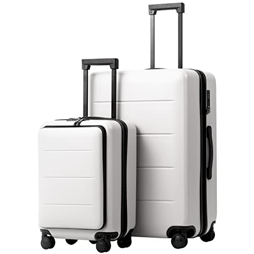 Coolife Luggage Suitcase Piece Set Carry On ABS+PC Spinner Trolley with pocket Compartment Weekend Bag (White, 2-piece Set)