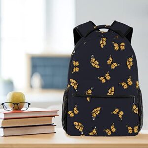 Niaocpwy Yellow Butterfly Black Background School Backpack Medium Size, Travel Bag For Women Girls Men Boys Teens