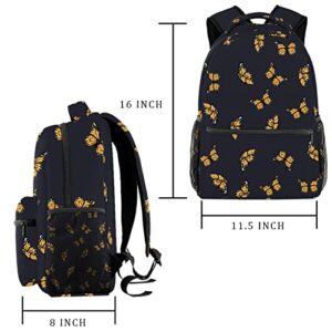 Niaocpwy Yellow Butterfly Black Background School Backpack Medium Size, Travel Bag For Women Girls Men Boys Teens