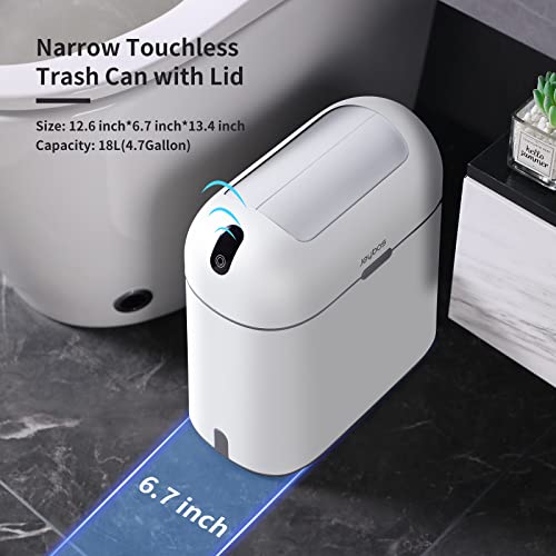 JUDRDO Bathroom Trash Can with Automatic Lids, Bedroom Garbage Cans w/a lid, No Touch Smart Trash Bin for Office, 4.6 Gallon Plastic Wastebasket, Small Narrow White Self Closing Garbage Bins