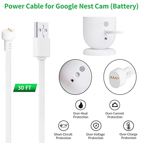 Power Cable Compatible with Google Nest Cam Outdoor or Indoor, Battery, 30Ft/9.1m Weatherproof Outdoor Cable Continuously Charging Your Nest Camera (White)