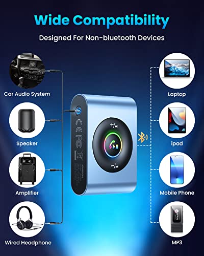 Bluetooth 5.3 AUX Adapter for Car,【Enhanced Mic & LED Digital Display】【22H Battery Life & Noise Cancelling】JOYROOM 3.5mm Input Wireless Receiver for Car Audio/Home Stereo, Metal