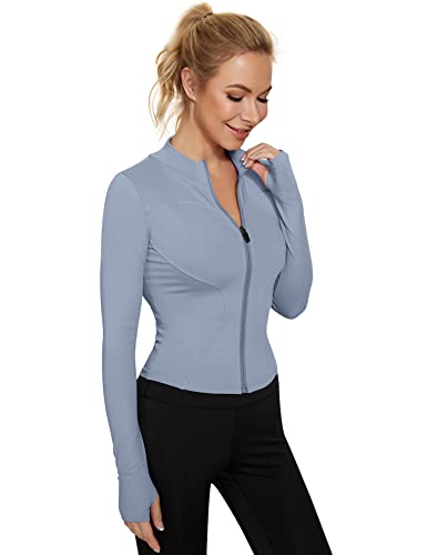 LUYAA Workout Zip Up Jackets for Women Lightweight Running Jacket Crop Tops Blue M