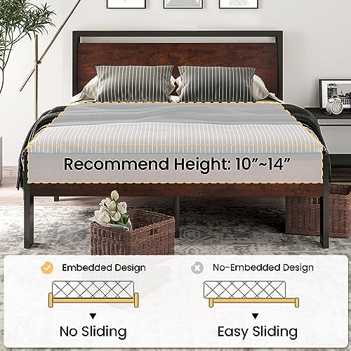 SHA CERLIN 14 Inch Full Size Metal Platform Bed Frame with Wooden Headboard and Footboard, Mattress Foundation, No Box Spring Needed, Large Under Bed Storage, Without Noise, Mahogany