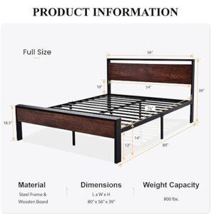 SHA CERLIN 14 Inch Full Size Metal Platform Bed Frame with Wooden Headboard and Footboard, Mattress Foundation, No Box Spring Needed, Large Under Bed Storage, Without Noise, Mahogany