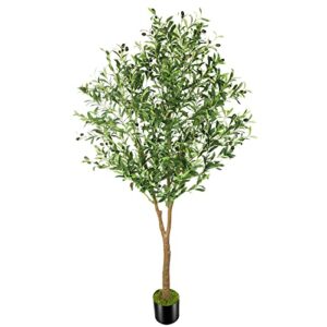oxllxo 6ft full artificial olive tree (72in) with plastic nursery pot faux olive silk tree, fruits fake plant for office house farmhouse living room home decor (indoor/outdoor)