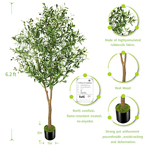 OXLLXO 6ft Full Artificial Olive Tree (72in) with Plastic Nursery Pot Faux Olive Silk Tree, Fruits Fake Plant for Office House Farmhouse Living Room Home Decor (Indoor/Outdoor)