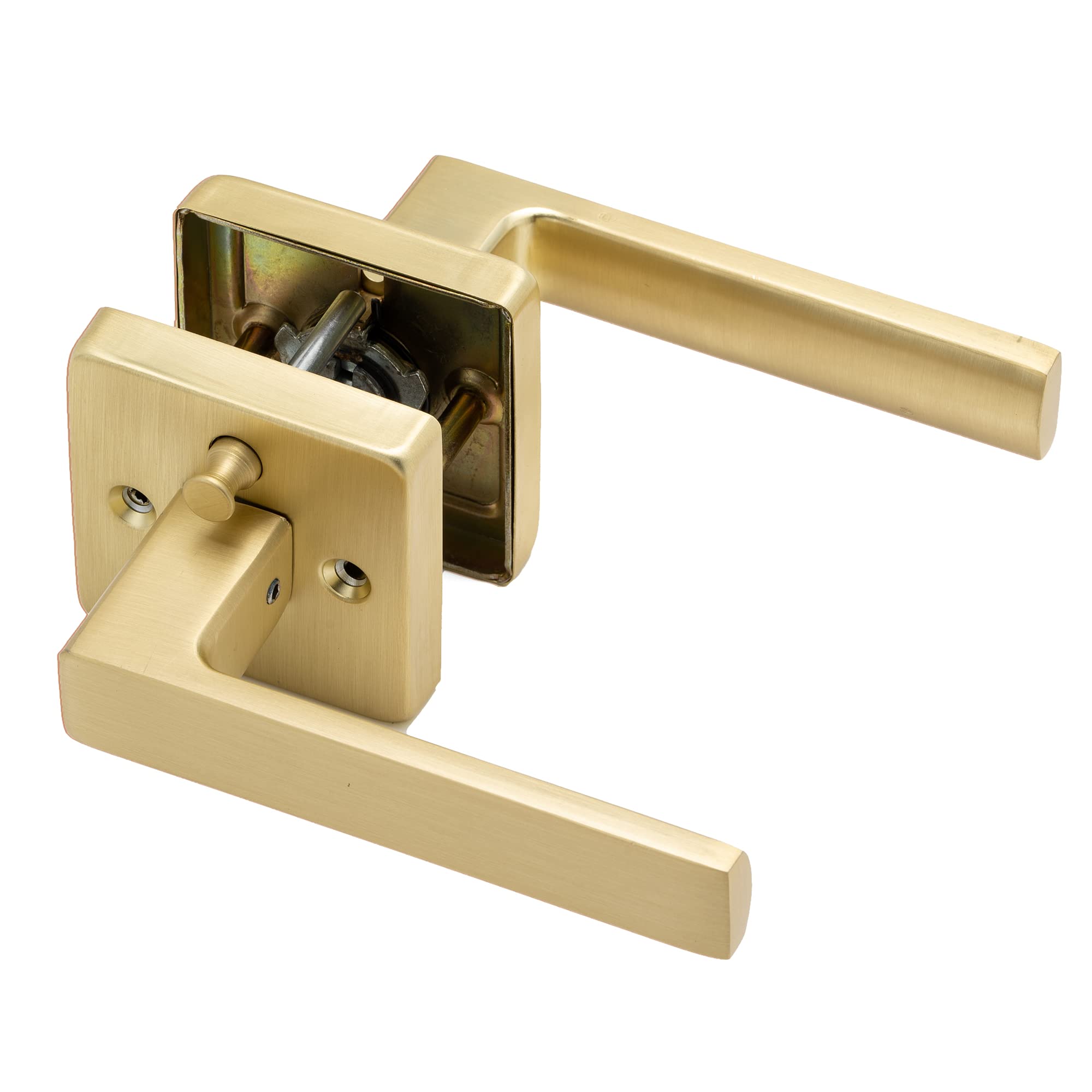 Linkaa Privacy Door Lever Gold Stain Brass Square Shape Door Handles Lever with Lock, Keyless Door Lock, Privacy Function Exterior/Interior Door Handles. (1, Privacy (Keyless Lock))