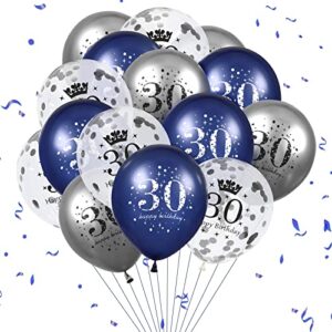30th birthday balloons decorations, 15 pcs navy blue silver 30th happy birthday balloons for men women 30 anniversary latex inflatable confetti birthday party sign royal blue indoor outdoor supplies