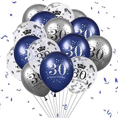 30th Birthday Balloons Decorations, 15 PCS Navy Blue Silver 30th Happy Birthday Balloons for Men Women 30 Anniversary Latex Inflatable Confetti Birthday Party Sign Royal Blue Indoor Outdoor Supplies