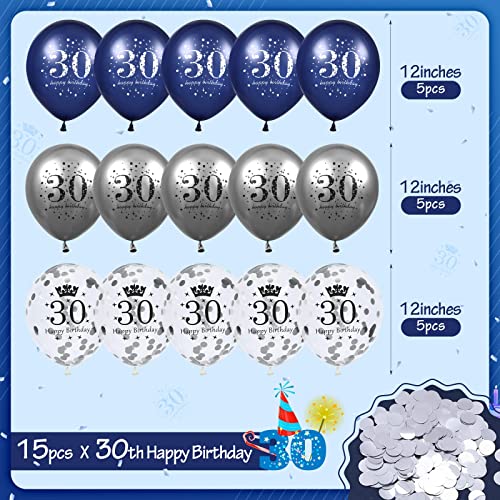 30th Birthday Balloons Decorations, 15 PCS Navy Blue Silver 30th Happy Birthday Balloons for Men Women 30 Anniversary Latex Inflatable Confetti Birthday Party Sign Royal Blue Indoor Outdoor Supplies