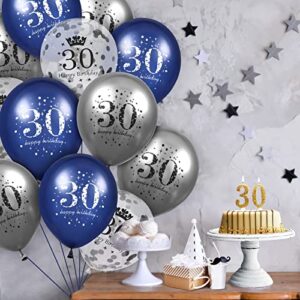 30th Birthday Balloons Decorations, 15 PCS Navy Blue Silver 30th Happy Birthday Balloons for Men Women 30 Anniversary Latex Inflatable Confetti Birthday Party Sign Royal Blue Indoor Outdoor Supplies