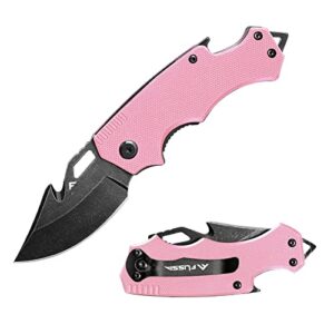 flissa mini folding pocket knife, 2.5-inch stainless steel drop point blade, edc pocket knives for women with bottle opener and glass breaker (pink)