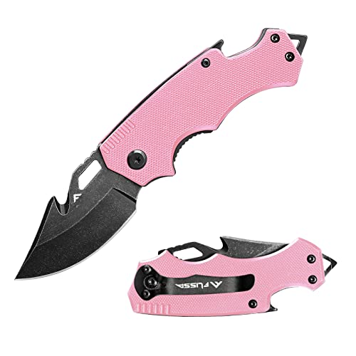 FLISSA Mini Folding Pocket Knife, 2.5-Inch Stainless Steel Drop Point Blade, EDC Pocket Knives for Women with Bottle Opener and Glass Breaker (Pink)