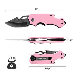 FLISSA Mini Folding Pocket Knife, 2.5-Inch Stainless Steel Drop Point Blade, EDC Pocket Knives for Women with Bottle Opener and Glass Breaker (Pink)