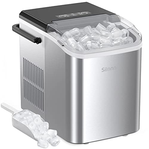 Silonn Countertop Ice Maker Machine with Handle, Portable, Makes up to 27 lbs. of Ice Per Day, 9 Cubes in 7 Mins, Self-Cleaning with Ice Scoop and Basket