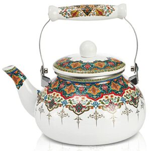 zoofox ceramic enamel tea kettle, 2.6 quart large floral colorful teapot with handle for stovetop, retro hot water tea kettle pot, no whistling