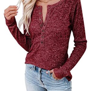 Women's Long Sleeve Henley Tops Pullover V Neck Button Loose Casual T Shirts (Small, Red Wine)