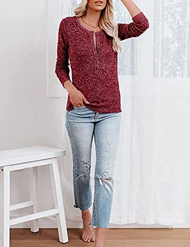 Women's Long Sleeve Henley Tops Pullover V Neck Button Loose Casual T Shirts (Small, Red Wine)