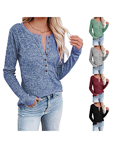 Women's Long Sleeve Henley Tops Pullover V Neck Button Loose Casual T Shirts (Small, Red Wine)