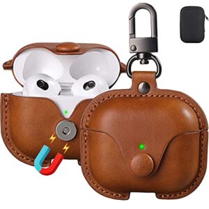 airpods 3 case leather, maxjoy for airpods 3rd case cover 2021 airpod gen 3 protective cover with keychain compatible with apple airpods generation 3rd 2021 (front led visible), brown