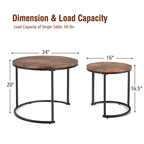 Giantex Nesting Coffee Table Set of 2, Round Stacking Side Tables w/Wooden Tabletop & Steel Frame, Space Saving Vintage End Tables for Living Room, Balcony, Office, Easy Assembly (Rustic Brown)