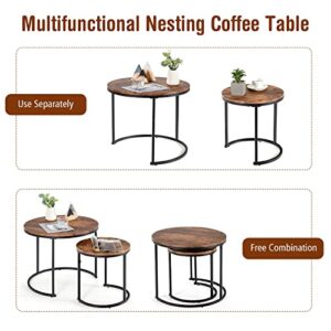 Giantex Nesting Coffee Table Set of 2, Round Stacking Side Tables w/Wooden Tabletop & Steel Frame, Space Saving Vintage End Tables for Living Room, Balcony, Office, Easy Assembly (Rustic Brown)