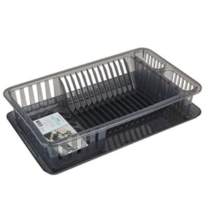 kitchen details medium dish rack with tray | plastic | dimensions: 17.6" x 10.75" x 3.75” | 12 plate | kitchen accessories | cutlery basket | grey | sink accessories