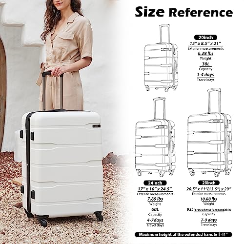 Coolife Luggage Expandable(only 28") Suitcase PC+ABS Spinner Built-In TSA lock 20in 24in 28in Carry on (white, M(24in).)