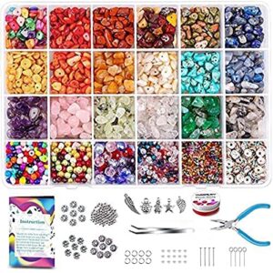 yholin crystals beads for jewelry making supplies kit, gemstone crystal stone chip beads with spacer stone beads pliers jump rings elastic string for diy necklace bracelet earring jewelry making