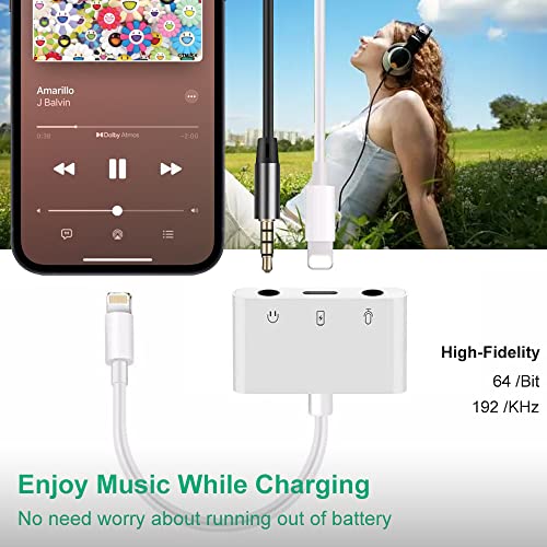 iPhone Microphone Adapter Lightning to Headphone and Microphone Adapter for Live Streaming 3.5mm Headphone Adapter with Charging Port iPhone Audio Splitter Compatible with iPhone 14 13 12 11 SE X 8 7