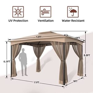 DikaSun Gazebo 10x12 Steel Frame Double Vent Waterproof Roofs Outdoor Gazebo with Netting Canopy Gazebos Patio Gazebo for Garden, Backyard, Deck, and Lawns (Beige)