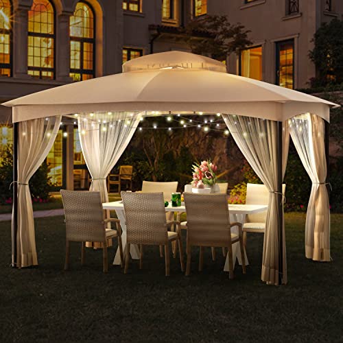 DikaSun Gazebo 10x12 Steel Frame Double Vent Waterproof Roofs Outdoor Gazebo with Netting Canopy Gazebos Patio Gazebo for Garden, Backyard, Deck, and Lawns (Beige)