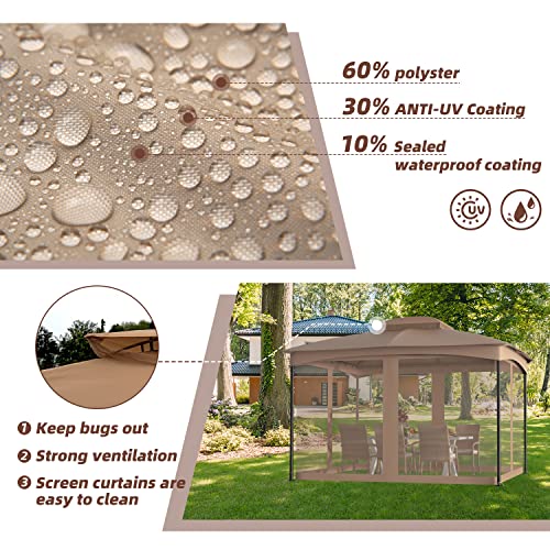 DikaSun Gazebo 10x12 Steel Frame Double Vent Waterproof Roofs Outdoor Gazebo with Netting Canopy Gazebos Patio Gazebo for Garden, Backyard, Deck, and Lawns (Beige)