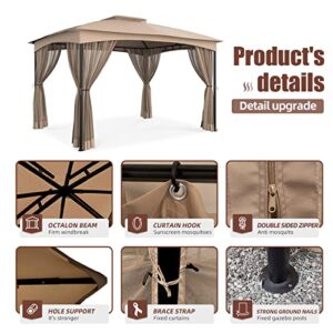 DikaSun Gazebo 10x12 Steel Frame Double Vent Waterproof Roofs Outdoor Gazebo with Netting Canopy Gazebos Patio Gazebo for Garden, Backyard, Deck, and Lawns (Beige)