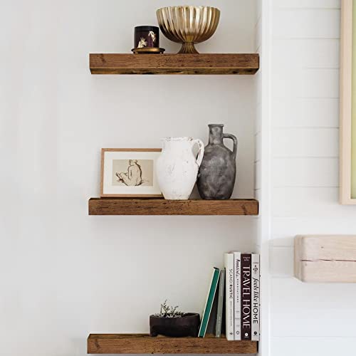 QEEIG Floating Shelves Bathroom Shelf Bedroom Kitchen Farmhouse Small Book Shelf for Wall 16 inch Set of 3, Rustic Brown (015-BN3)