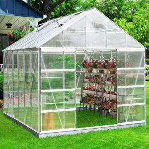 mellcom 12' x 10' x 10.3' greenhouse for outdoor, outside walk-in hobby green house for plants with polycarbonate aluminum frame, adjustable roof vent and sliding door for backyard garden in winter