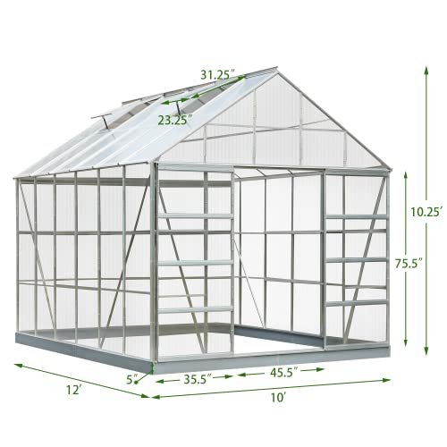 MELLCOM 12' x 10' x 10.3' Greenhouse for Outdoor, Outside Walk-in Hobby Green House for Plants with Polycarbonate Aluminum Frame, Adjustable Roof Vent and Sliding Door for Backyard Garden in Winter