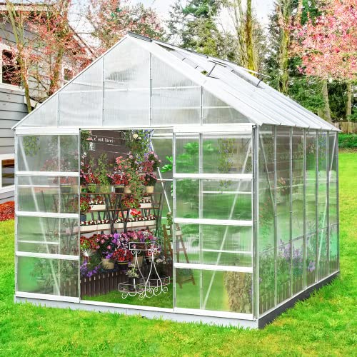 MELLCOM 12' x 10' x 10.3' Greenhouse for Outdoor, Outside Walk-in Hobby Green House for Plants with Polycarbonate Aluminum Frame, Adjustable Roof Vent and Sliding Door for Backyard Garden in Winter