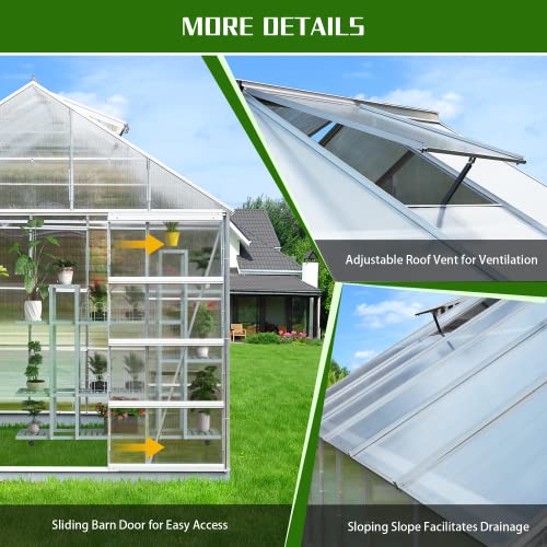 MELLCOM 12' x 10' x 10.3' Greenhouse for Outdoor, Outside Walk-in Hobby Green House for Plants with Polycarbonate Aluminum Frame, Adjustable Roof Vent and Sliding Door for Backyard Garden in Winter