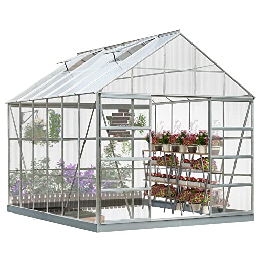 MELLCOM 12' x 10' x 10.3' Greenhouse for Outdoor, Outside Walk-in Hobby Green House for Plants with Polycarbonate Aluminum Frame, Adjustable Roof Vent and Sliding Door for Backyard Garden in Winter