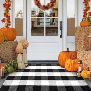 frendy buffalo plaid outdoor rug, 27.5" x 43" (2.3' x 3.6') hand-woven plaid rug for front porch, washable layered door mat, cotton black and white checkered rug for living room/entryway