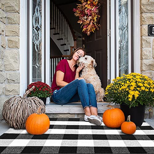 Frendy Buffalo Plaid Outdoor Rug, 27.5" x 43" (2.3' x 3.6') Hand-Woven Plaid Rug for Front Porch, Washable Layered Door Mat, Cotton Black and White Checkered Rug for Living Room/Entryway