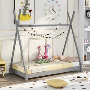 merax twin size house beds, wood platform bed with triangle tructure for boys & girls, no box spring needed, grey