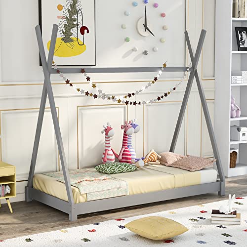 Merax Twin Size House Beds, Wood Platform Bed with Triangle tructure for Boys & Girls, No Box Spring Needed, Grey