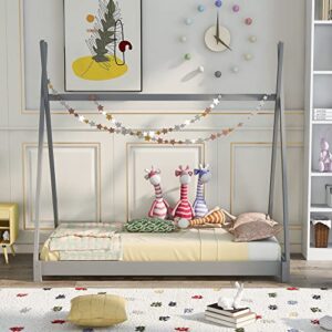 Merax Twin Size House Beds, Wood Platform Bed with Triangle tructure for Boys & Girls, No Box Spring Needed, Grey